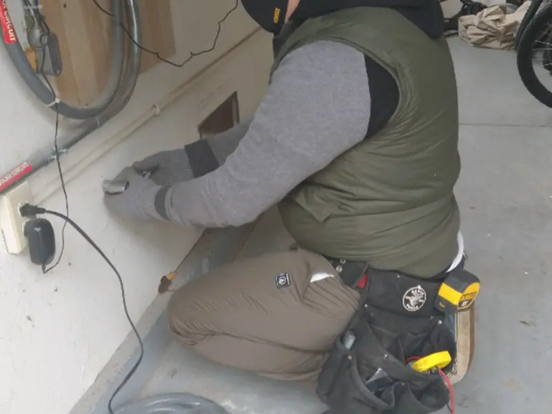 Electrician performing outlet wiring in a Sand Springs garage